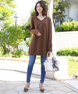 Tiaclasse L 【洗える】もっちり素材のVネックリブニットチュニック ブラウン
