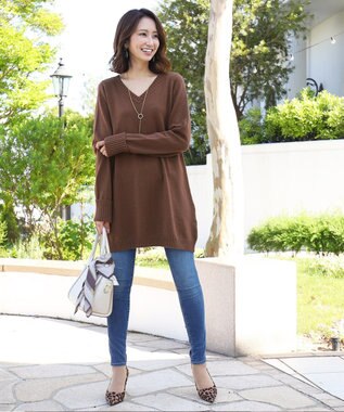 Tiaclasse L 【洗える】もっちり素材のVネックリブニットチュニック ブラウン
