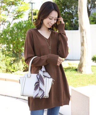 Tiaclasse L 【洗える】もっちり素材のVネックリブニットチュニック ブラウン