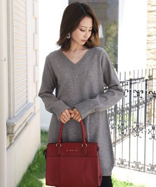 Tiaclasse L 【洗える】もっちり素材のVネックリブニットチュニック グレー