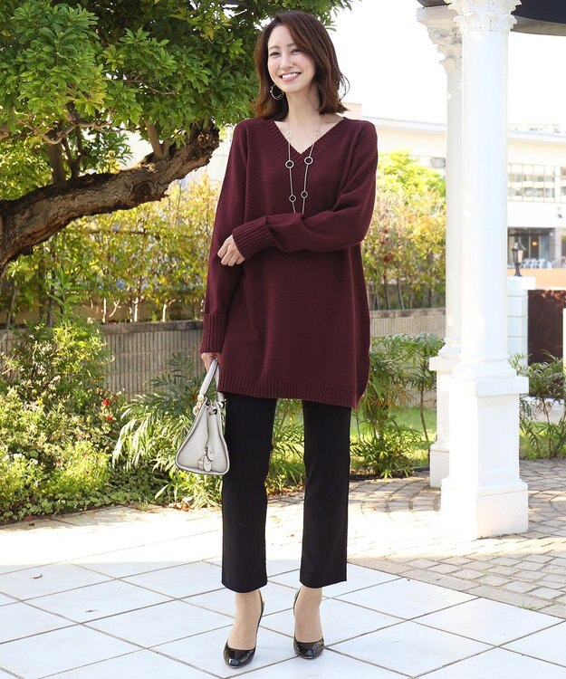 Tiaclasse L 【洗える】もっちり素材のVネックリブニットチュニック バーガンディ