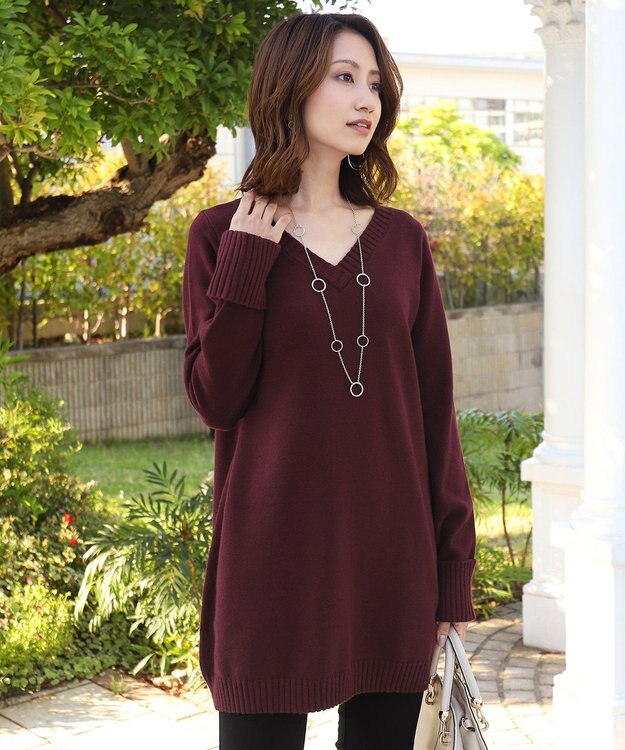 Tiaclasse L 【洗える】もっちり素材のVネックリブニットチュニック バーガンディ