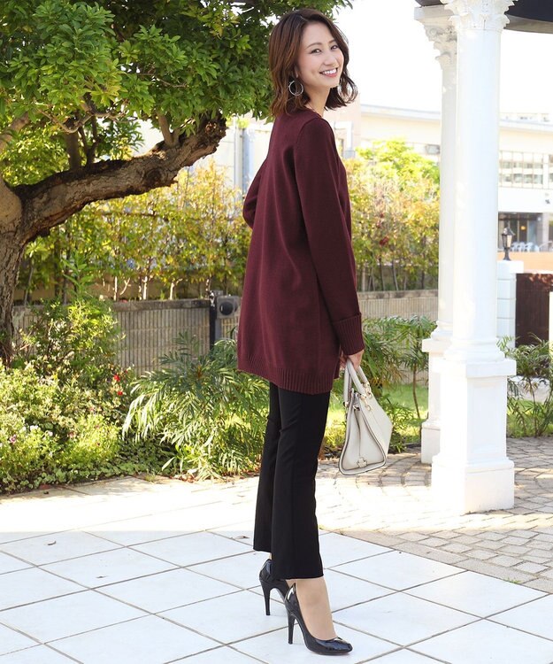 Tiaclasse L 【洗える】もっちり素材のVネックリブニットチュニック バーガンディ