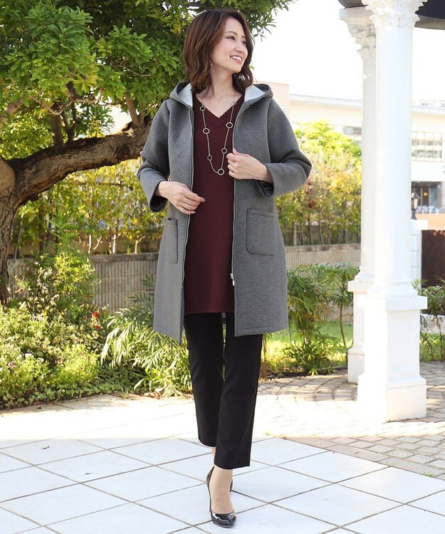 Tiaclasse L 【洗える】もっちり素材のVネックリブニットチュニック バーガンディ