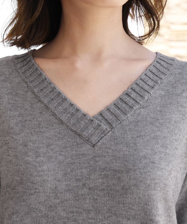 Tiaclasse L 【洗える】もっちり素材のVネックリブニットチュニック グレー