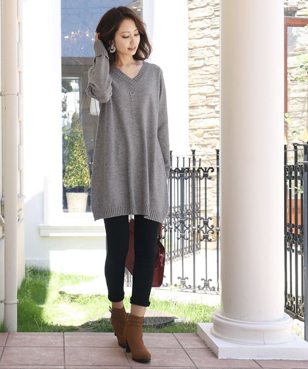 Tiaclasse L 【洗える】もっちり素材のVネックリブニットチュニック グレー