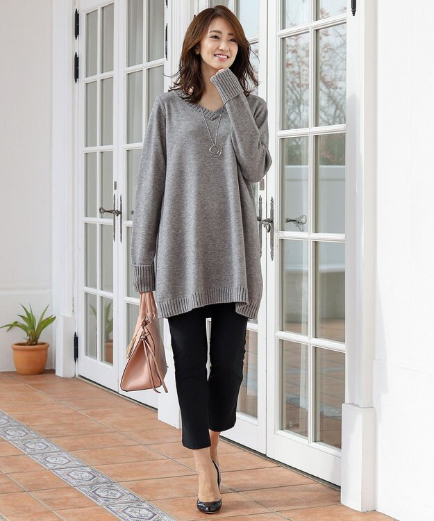 Tiaclasse L 【洗える】もっちり素材のVネックリブニットチュニック グレー