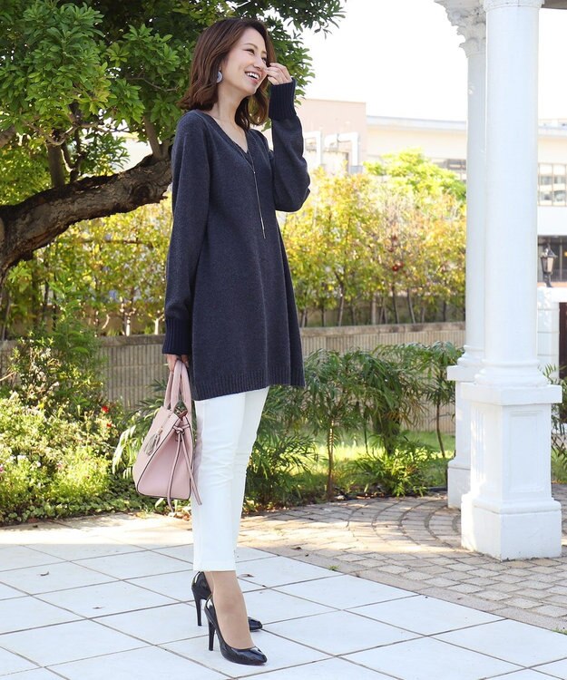 Tiaclasse L 【洗える】もっちり素材のVネックリブニットチュニック ネイビー