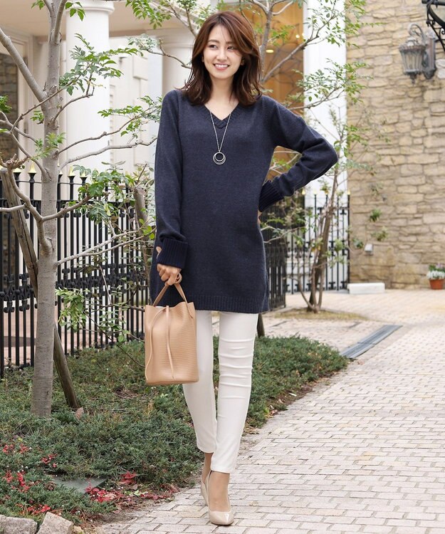 Tiaclasse L 【洗える】もっちり素材のVネックリブニットチュニック ネイビー