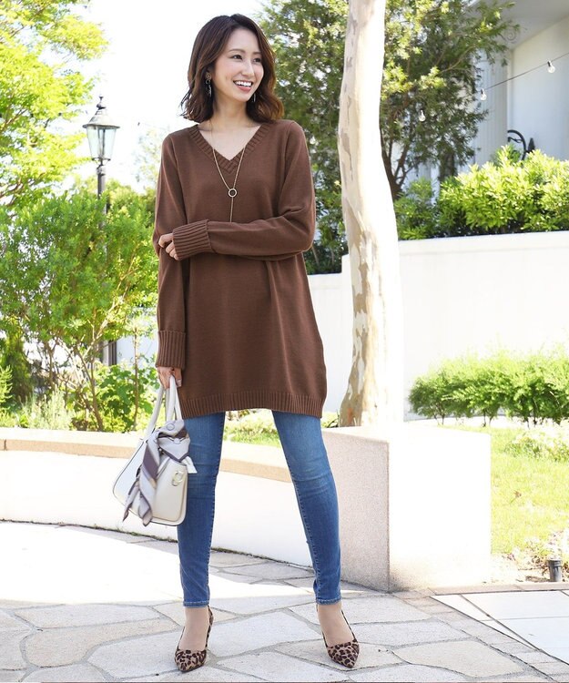 Tiaclasse L 【洗える】もっちり素材のVネックリブニットチュニック ブラウン