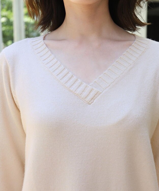 Tiaclasse L 【洗える】もっちり素材のVネックリブニットチュニック エクリュ