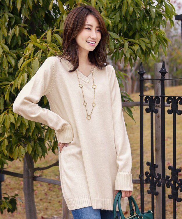 Tiaclasse L 【洗える】もっちり素材のVネックリブニットチュニック エクリュ