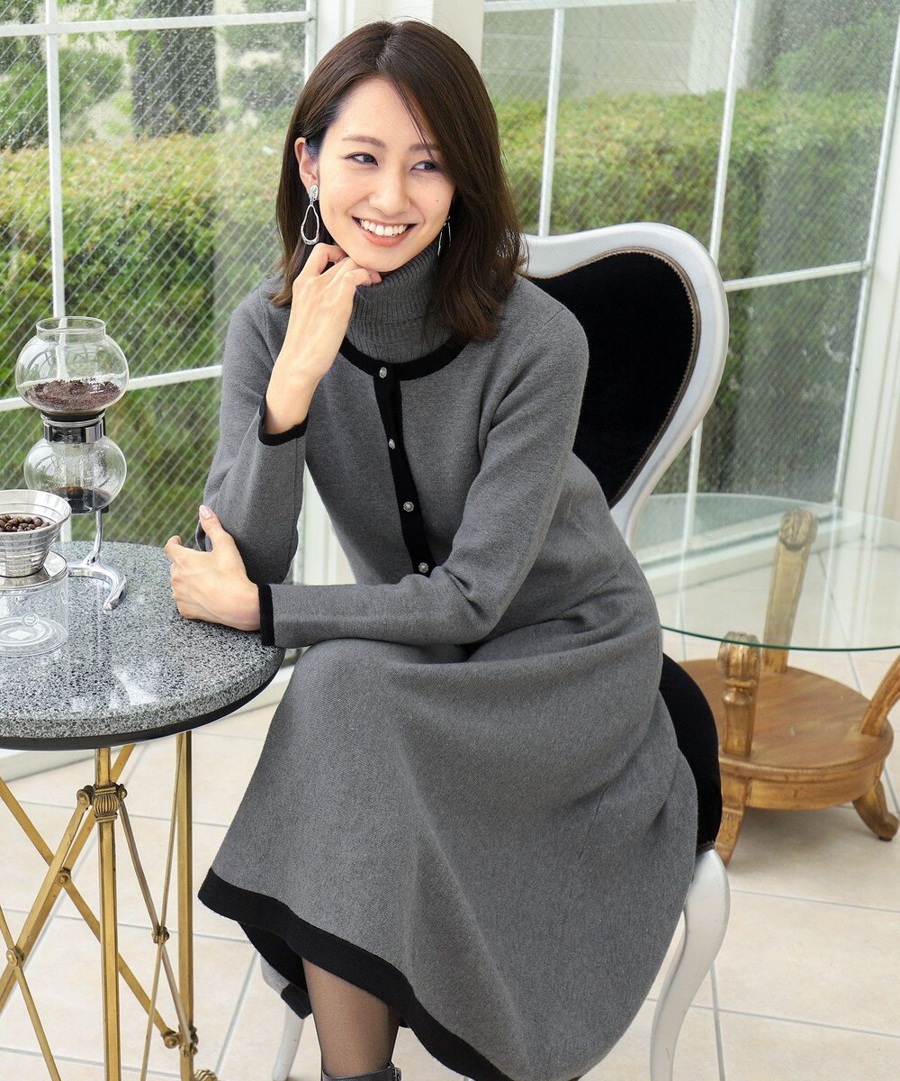 【洗える】大人上品な配色カーデ&タートルニットワンピース(2点セット)