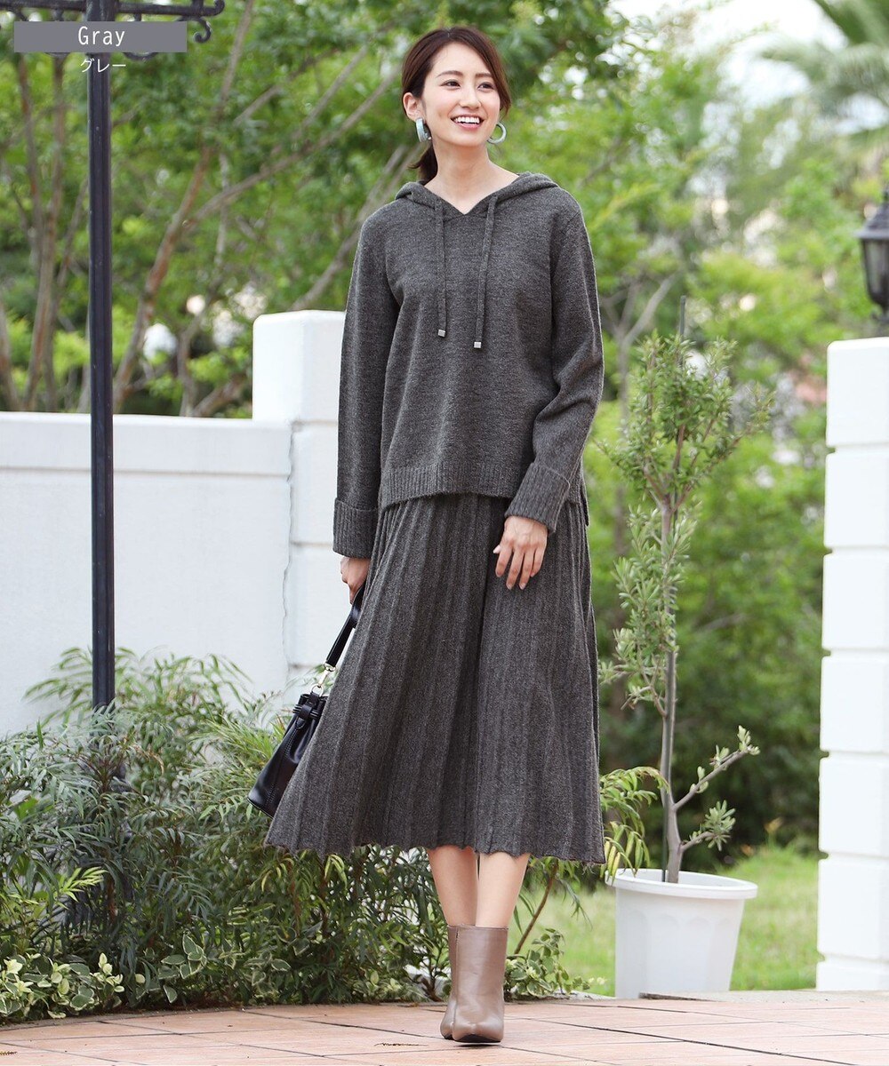 【洗える】着回し自在のニットパーカー&スカート(2点セット)