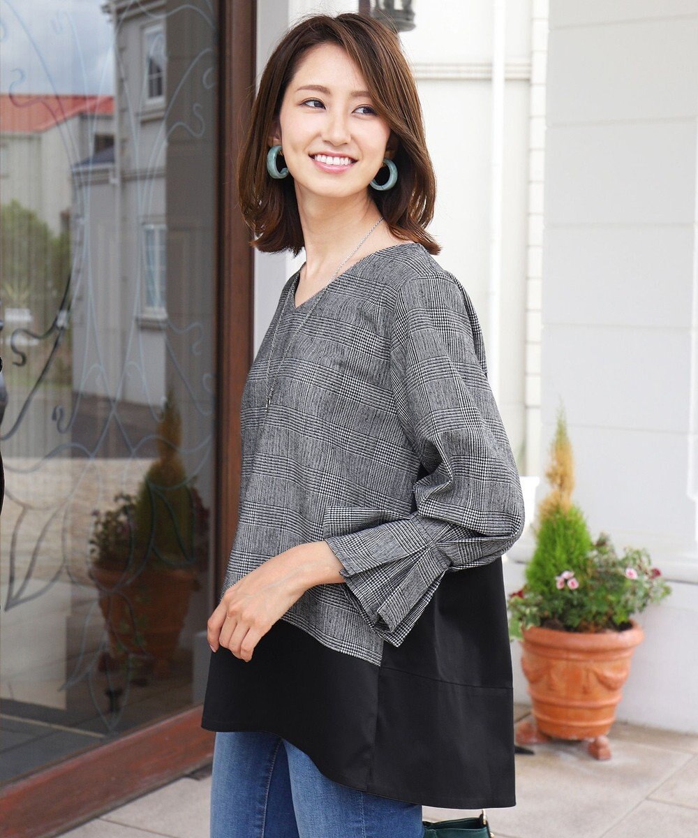 洗える 異素材を組み合わせたチェック柄コンビフレアトップス Tiaclasseファッション通販 公式通販 オンワード クローゼット