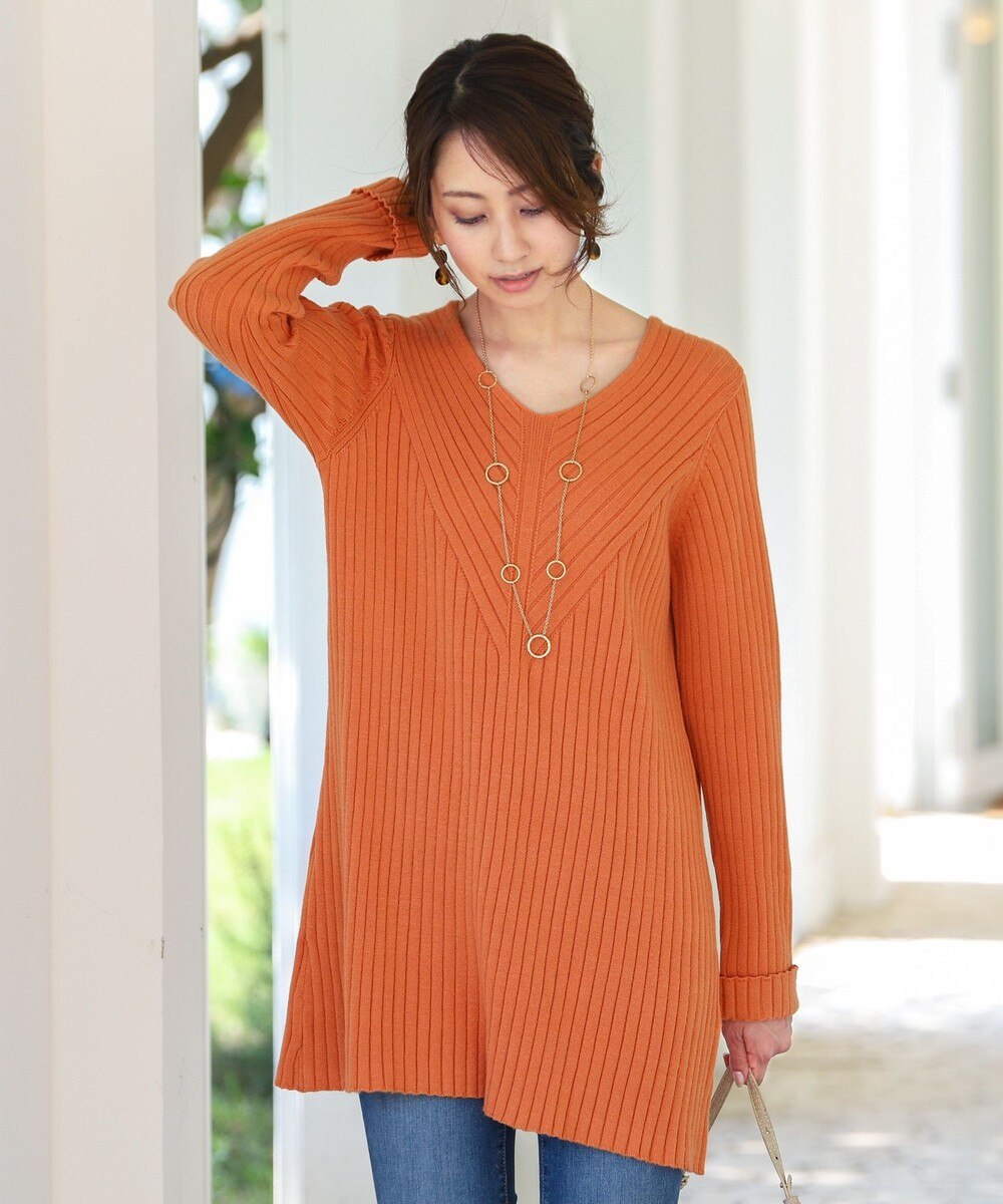 【洗える】小顔効果も叶う斜めリブ編みニットチュニック