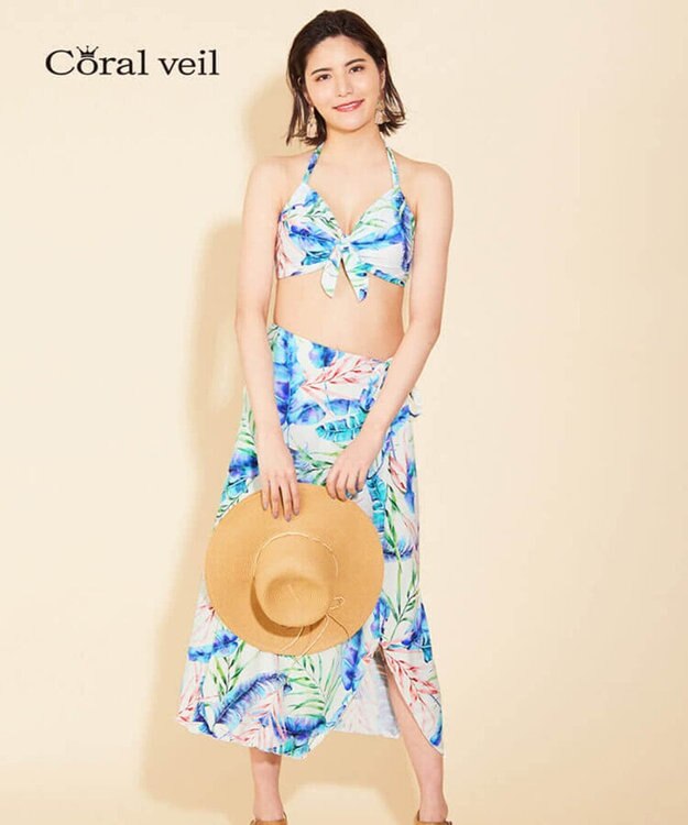 San-ai Resort（三愛水着楽園） 【SALE】【Coral veil】Mix Leaf　パレオワンピース 3点セット 9号/11号 オフホワイト