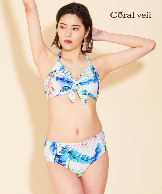 San-ai Resort（三愛水着楽園） 【SALE】【Coral veil】Mix Leaf　パレオワンピース 3点セット 9号/11号 オフホワイト