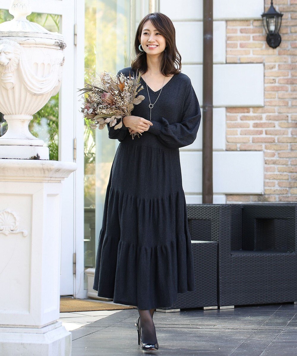 【洗える】もっちり素材のティアードニットワンピース