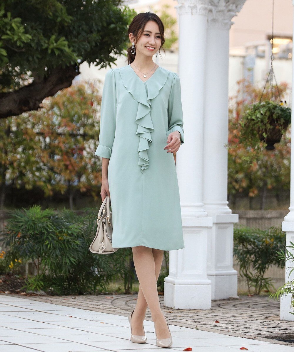 【洗える】女性らしさ薫るフリルドレープAラインワンピース