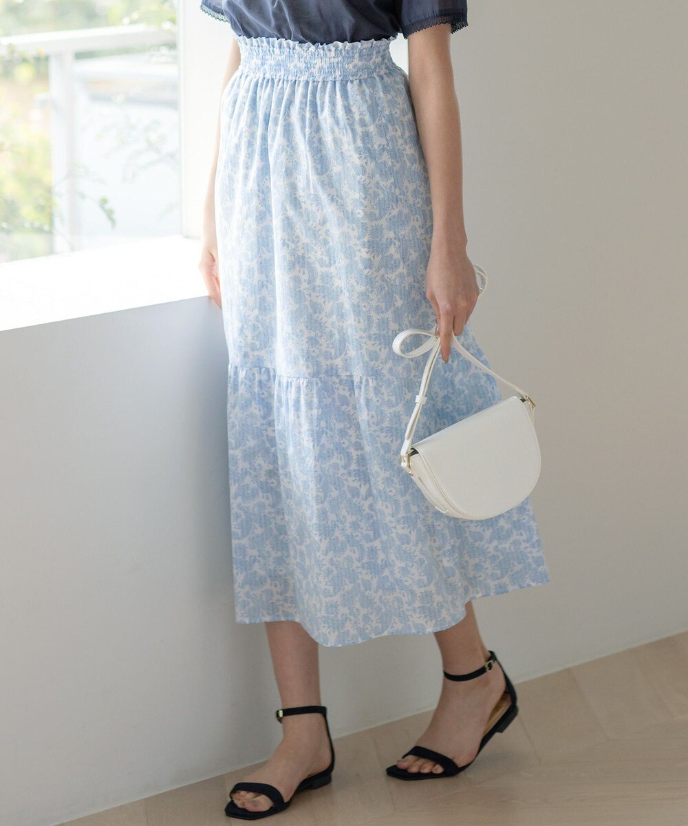 【オンワード】 組曲 L>スカート 【洗える】コットンローンプリント スカート ブルー 6 レディース 【送料無料】