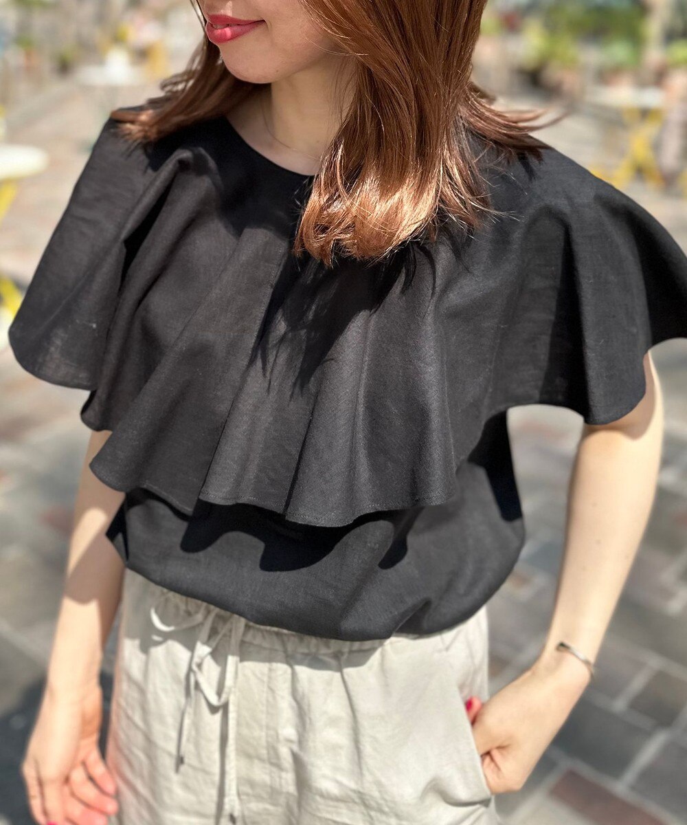 【洗える】リネンレーヨン ラッフルカラーブラウス