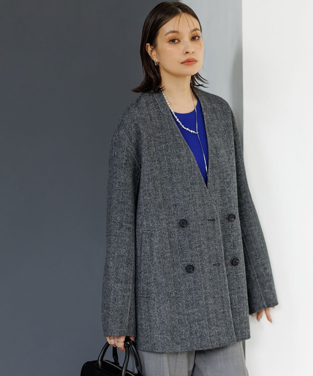 【オンワード】 ICB L（大きいサイズ）>ジャケット/アウター WoolRever ノーカラーショートコート ヘリンボーン 46 レディース