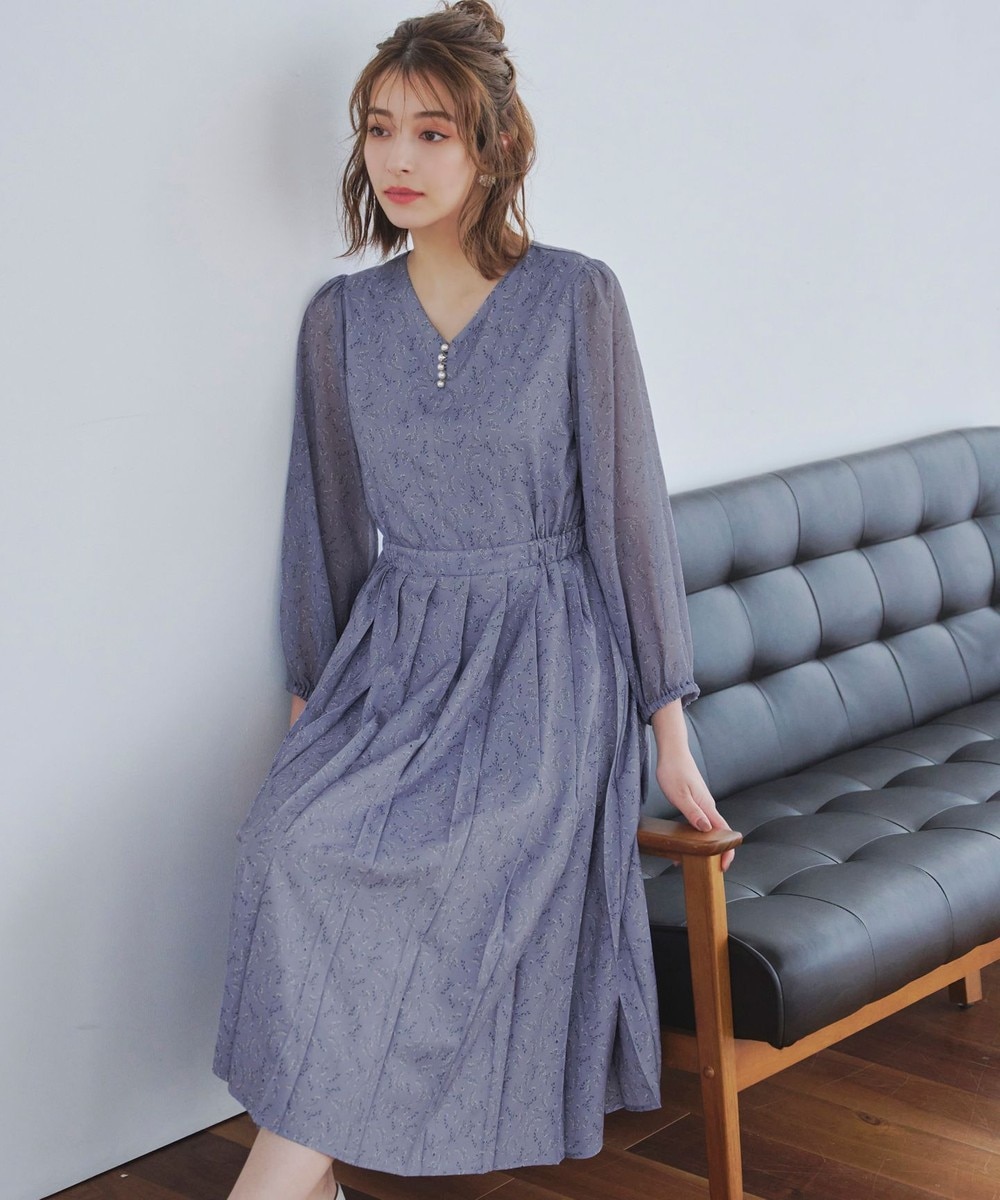 【洗える】花柄シフォン袖ワンピース