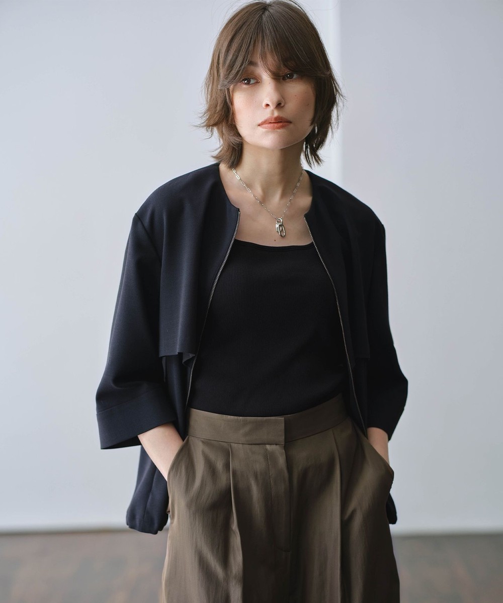 【オンワード】 ICB>ジャケット/アウター 【UVカット・洗える】ウール2WAYストレッチ ノーカラーブルゾン ブラック 6 レディース 【オンワード】 ICB>ジャケット/アウター 【UVカット・洗える】ウール2WAYストレッチ ノーカラーブルゾン ブラック 6 レディース