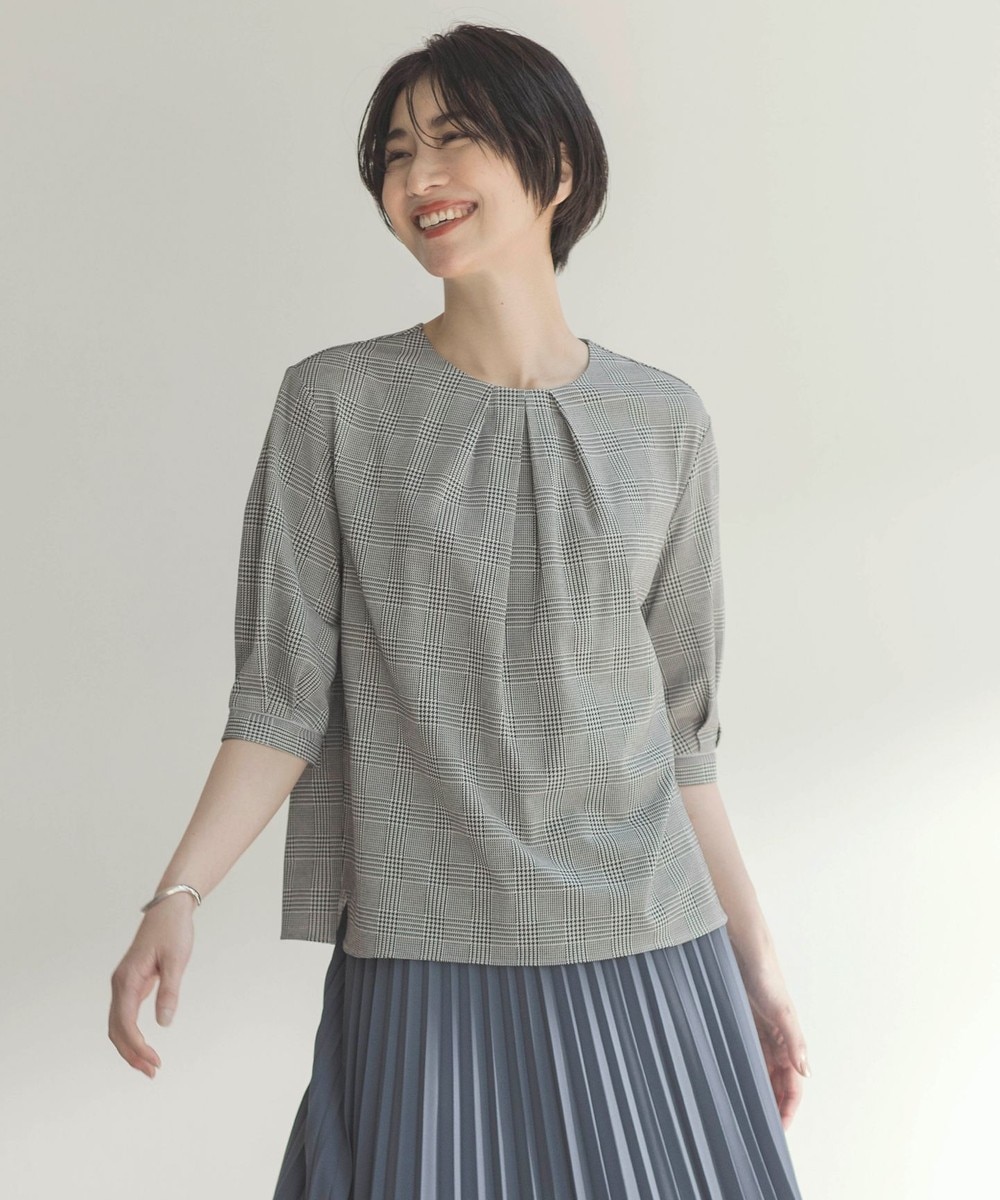 【オンワード】 J.PRESS LADIES L（大きいサイズ）>トップス チェックジャージー カットソー ブラック×ホワイト T13 レディース