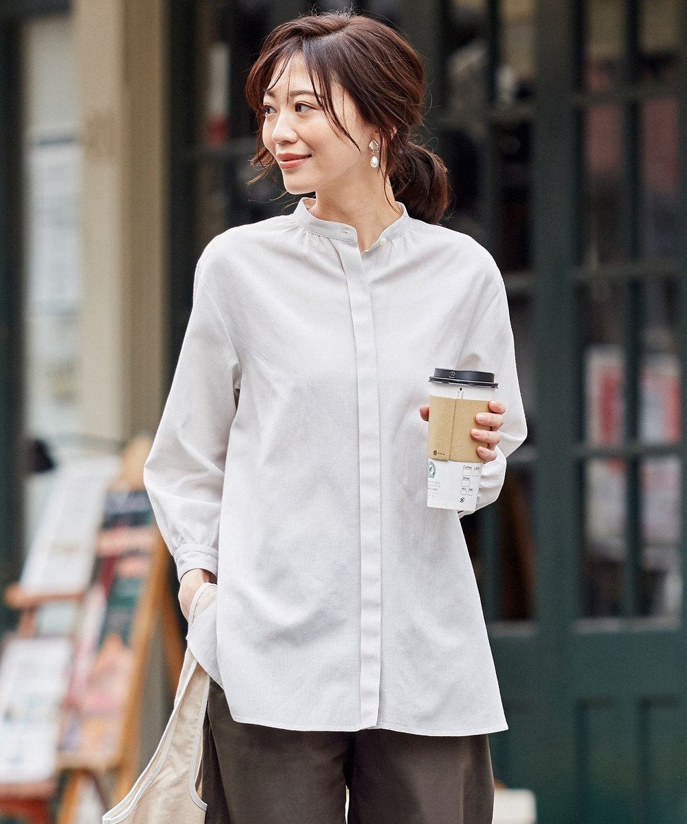 【オンワード】 J.PRESS LADIES L>トップス 【洗える】アセビスPETIT ストライプ チュニック ブラウス ライトグレー T15 レディース 【送料無料】