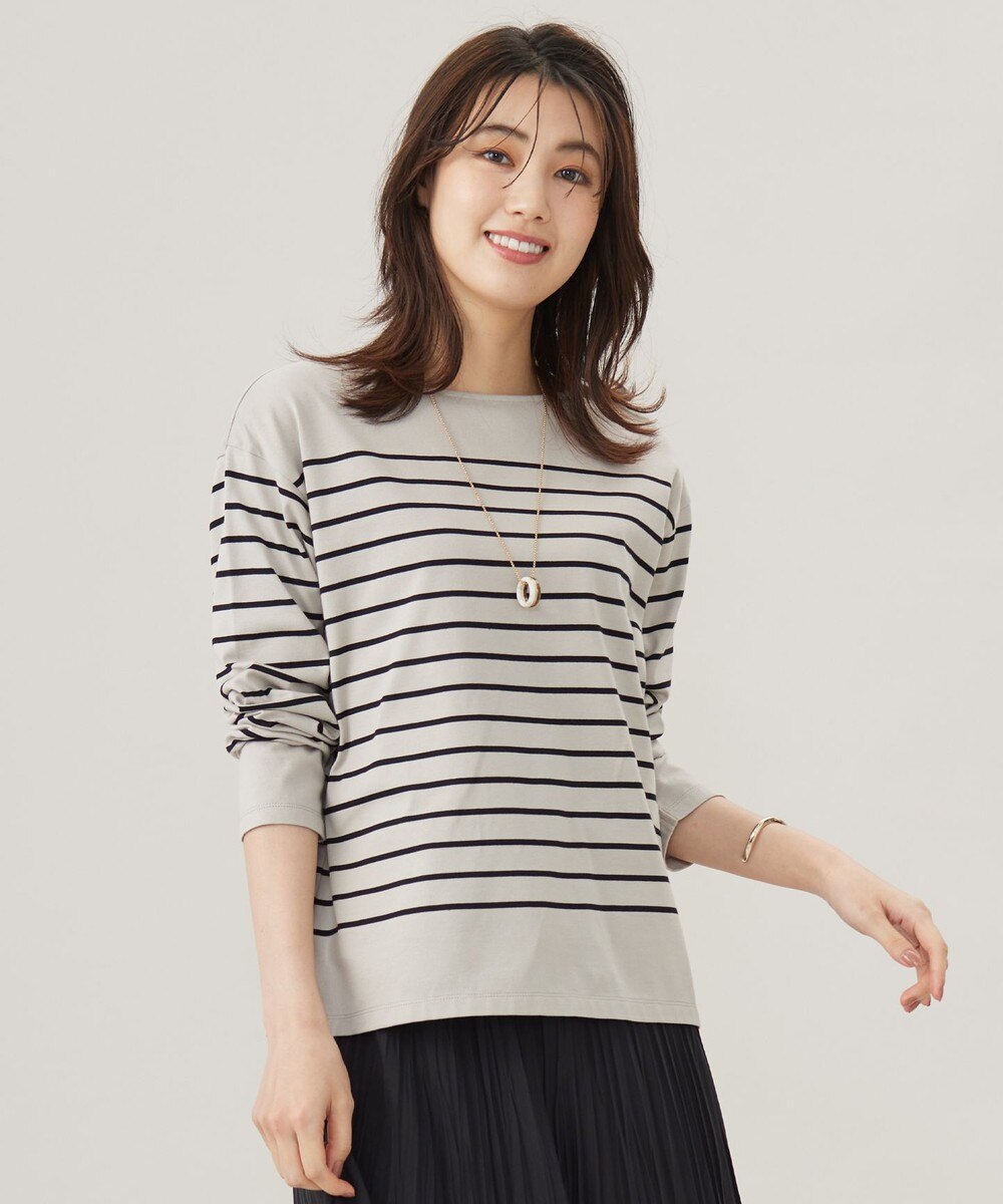 【オンワード】 J.PRESS LADIES L（大きいサイズ）>トップス バスクボーダー カットソー グレージュ×ブラック T15 レディース