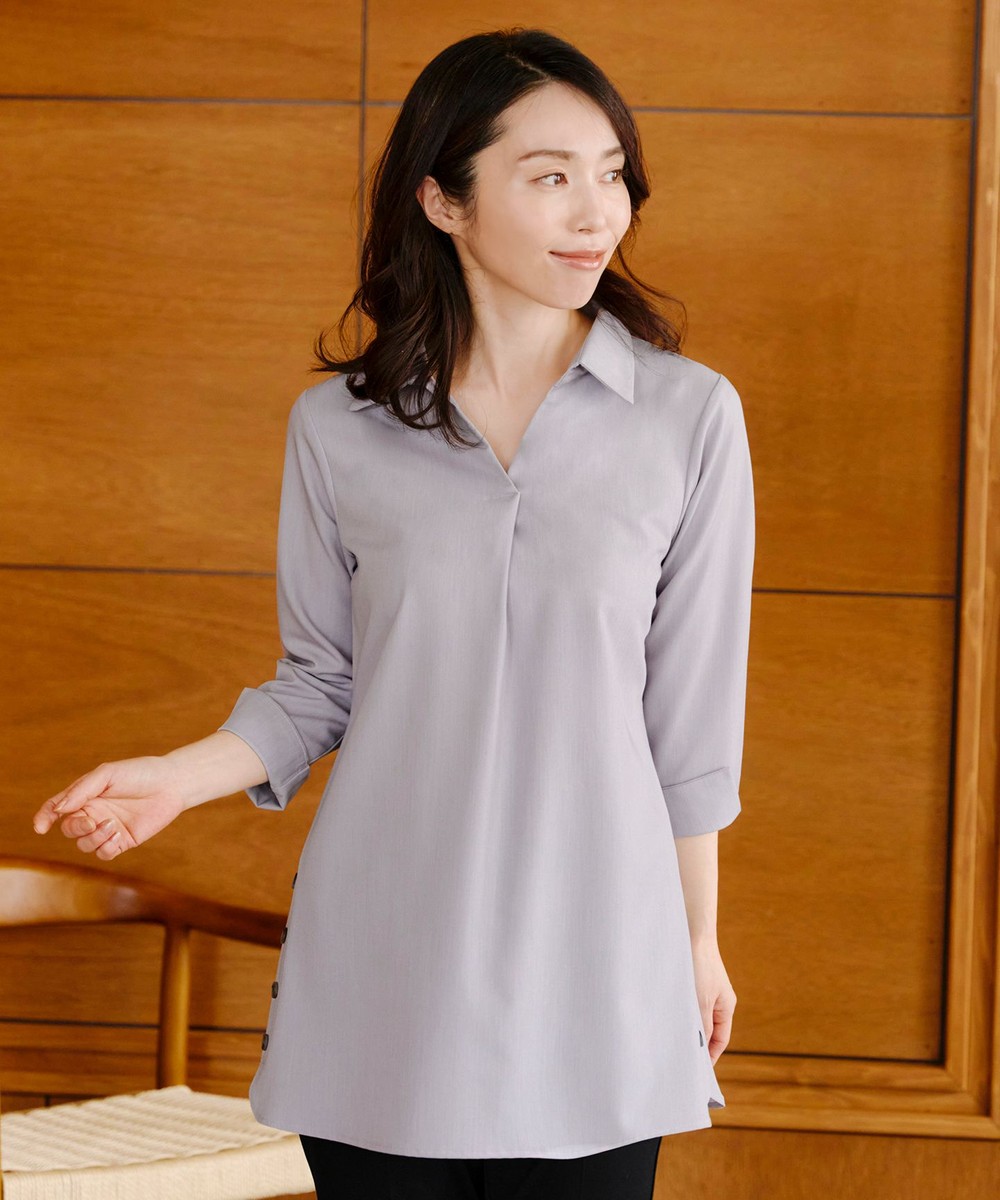 【洗える】サイドボタンシャツチュニックブラウス