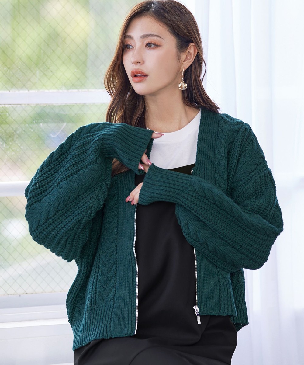 【洗える】ケーブル編みショート丈カーディガン