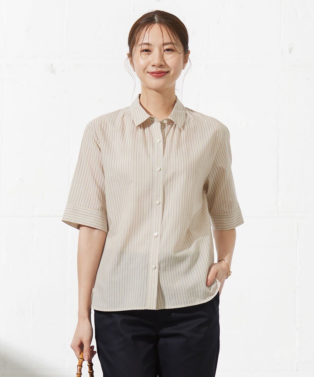 【オンワード】 J.PRESS LADIES S（小さいサイズ）>トップス 【洗える】ウォッシャブルストライプ シャツカラー ブラウス ベージュ P7 レディース