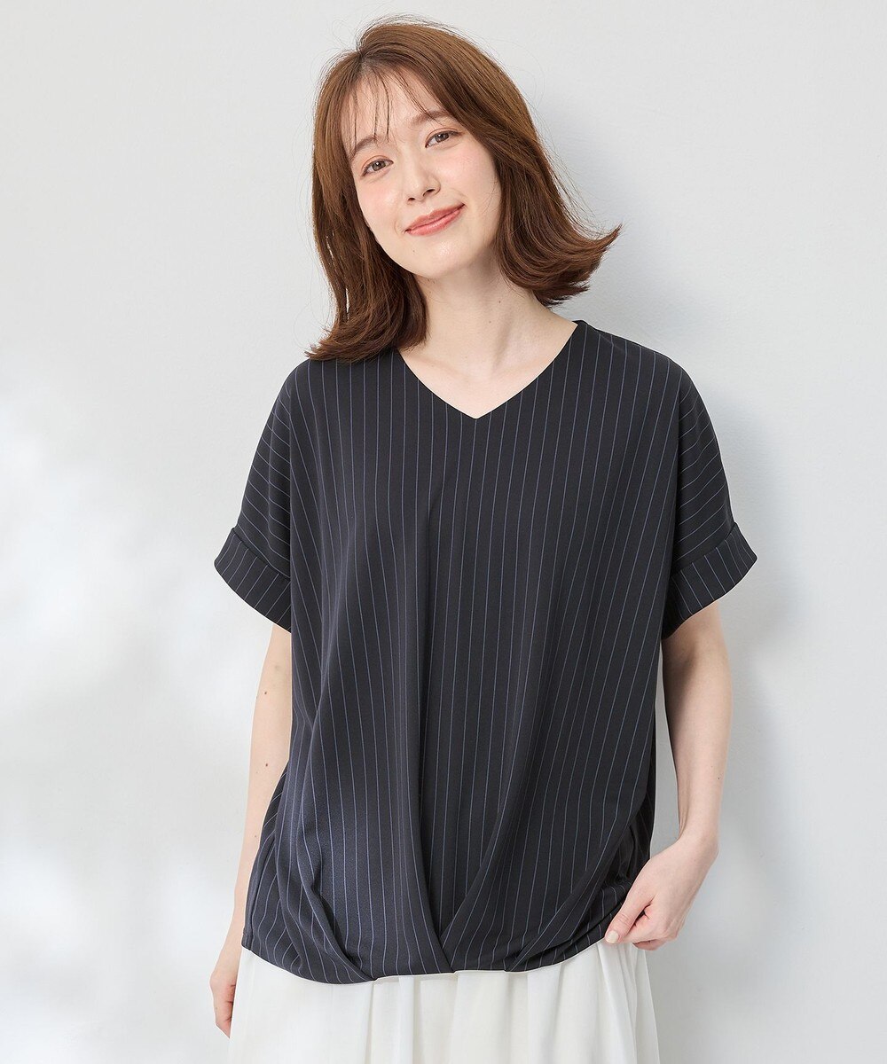 【オンワード】 any FAM L（大きいサイズ）>トップス 【洗濯機可】カシュクールTシャツ ネイビーストライプ 4 レディース