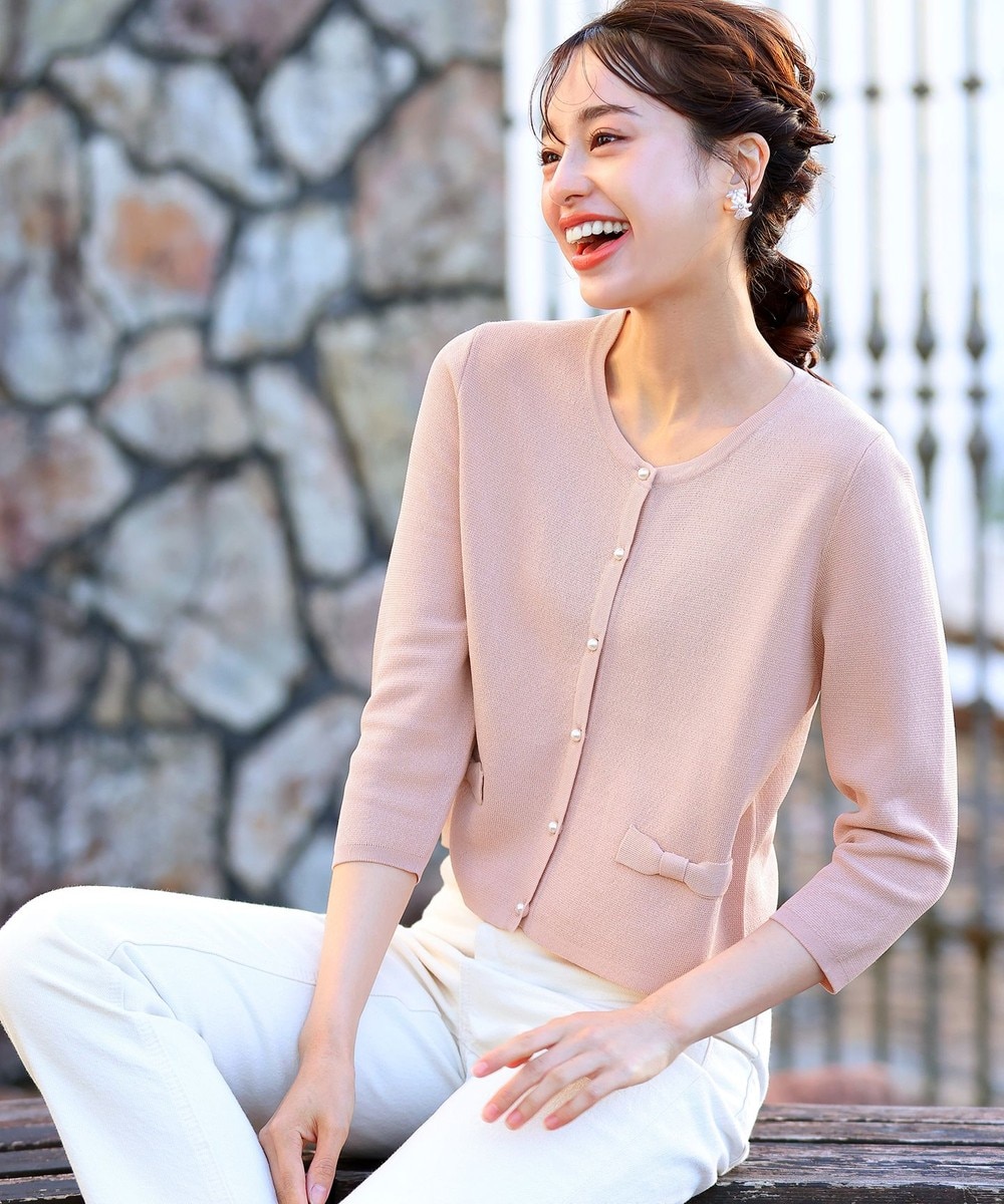 【洗える】フェイクリボンポケット付きカーディガン