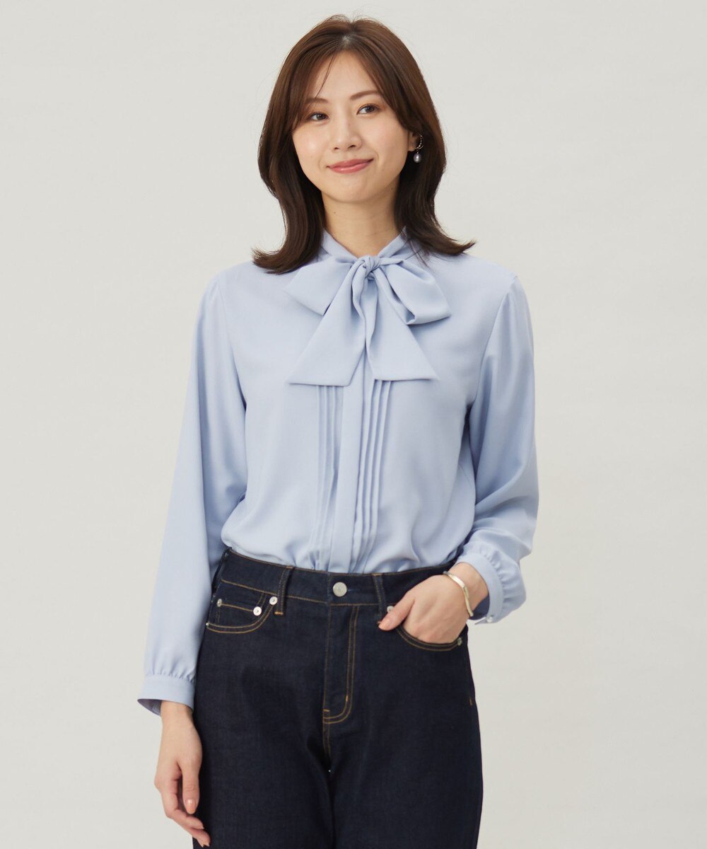 【オンワード】 J.PRESS LADIES S（小さいサイズ）>トップス 【洗える】ヌーディスバックサテン ボウタイ ブラウス サックスブルー P5 レディース