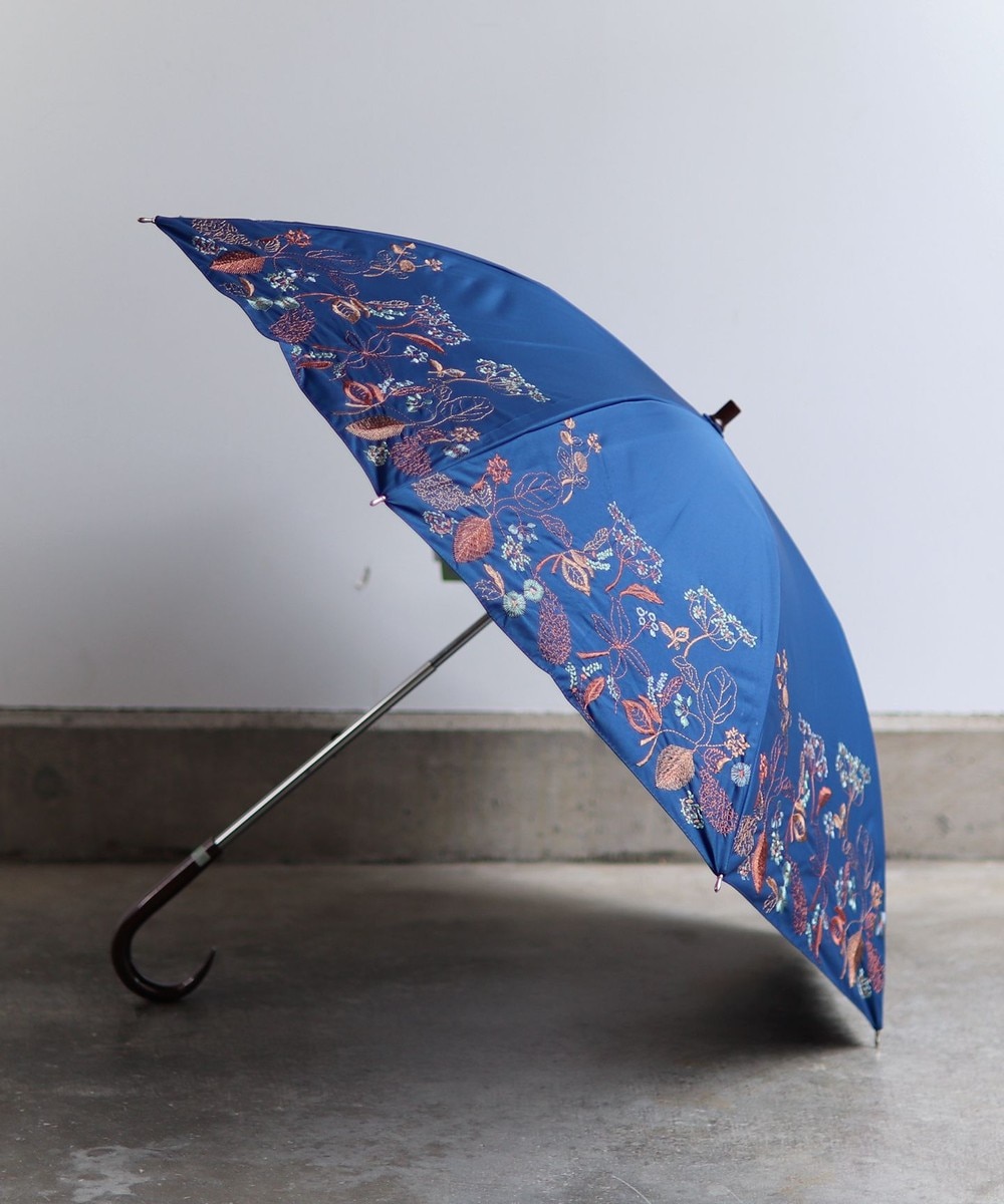 ＜オンワード＞AND WOOL>ファッション雑貨 〈UVカット率99%以上・一級遮光生地・晴雨兼用〉窓辺の花刺繍の日傘（長傘タイプ） ブルー F レディース 【送料無料】