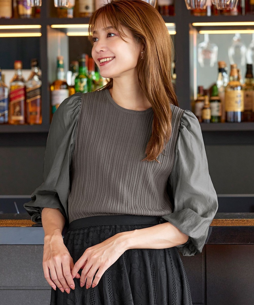 【洗える】袖ドッキングリブニットトップス