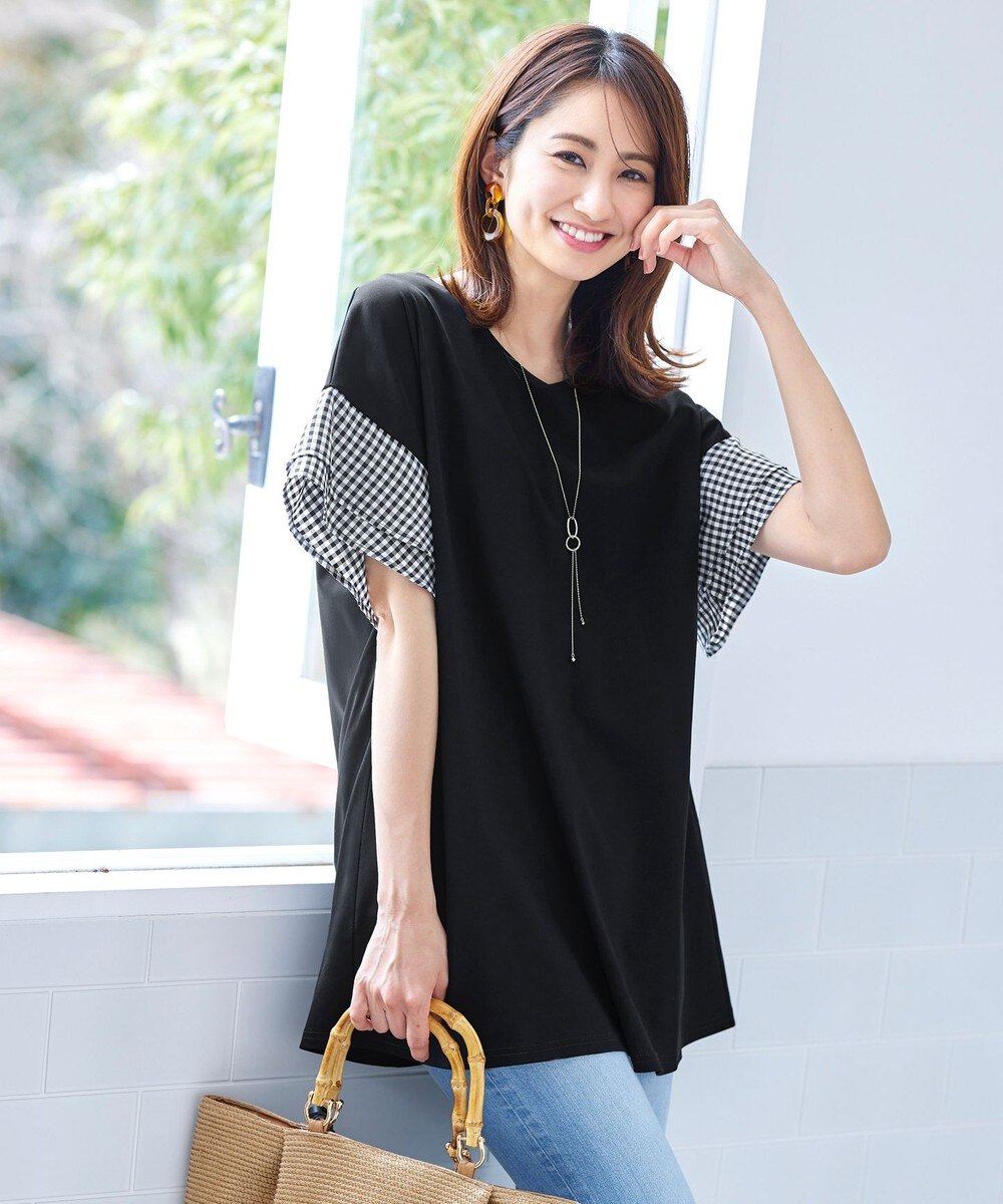 【オンワード】 Tiaclasse>ワンピース 【洗える】ストレスフリーで着用できるフレア袖カットソーチュニック ブラック×チェック M レディース 【送料無料】