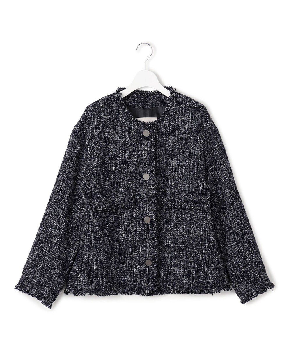【オンワード】 ICB L（大きいサイズ）>ジャケット/アウター 【先行予約・洗える】ライトブッチャーツイード ノーカラージャケット ネイビーミックス 40 レディース