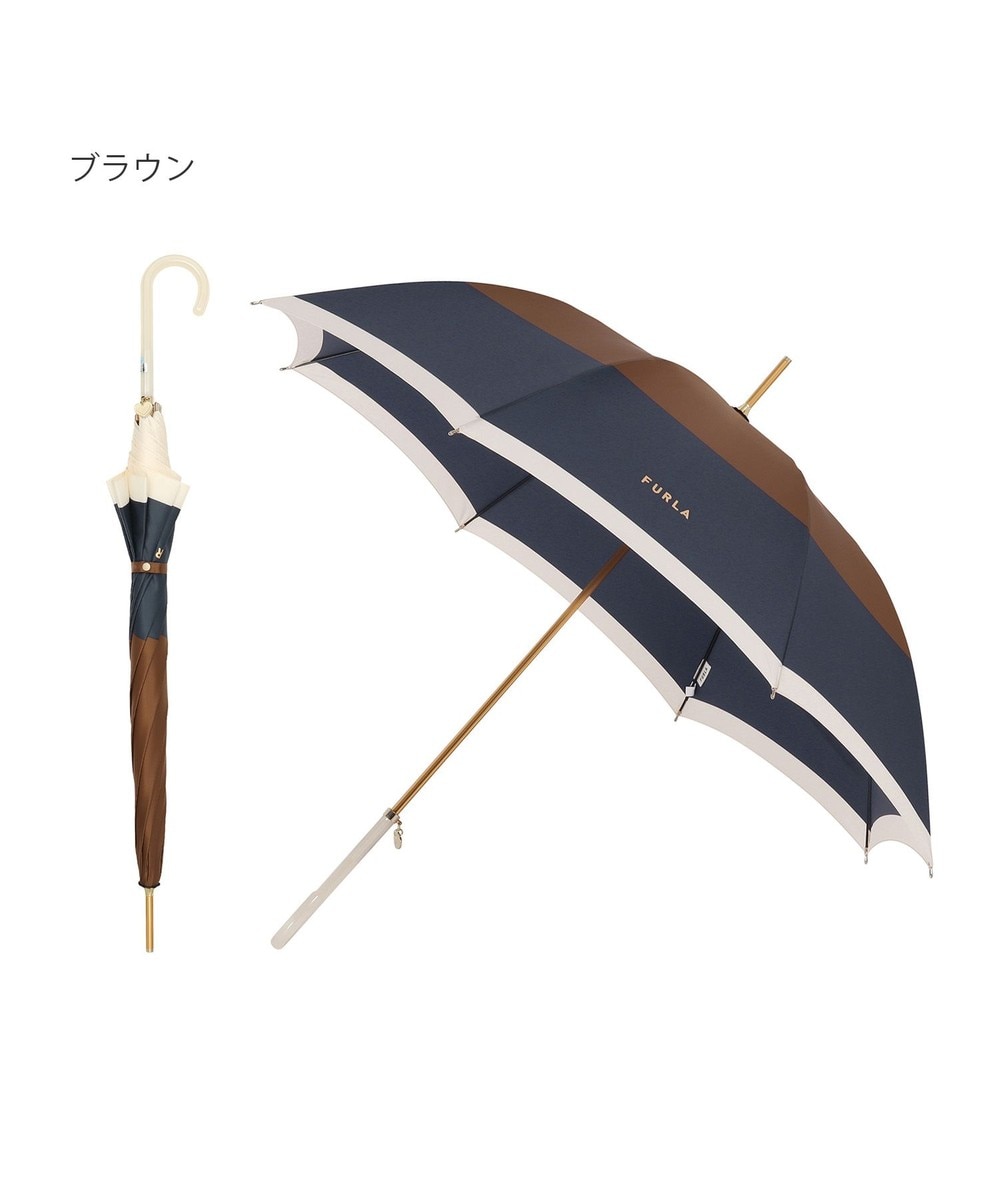 MOONBAT>ファッション雑貨 FURLA 【耐風】長傘 カラーボーダー ブラウン 60 レディース 【送料無料】