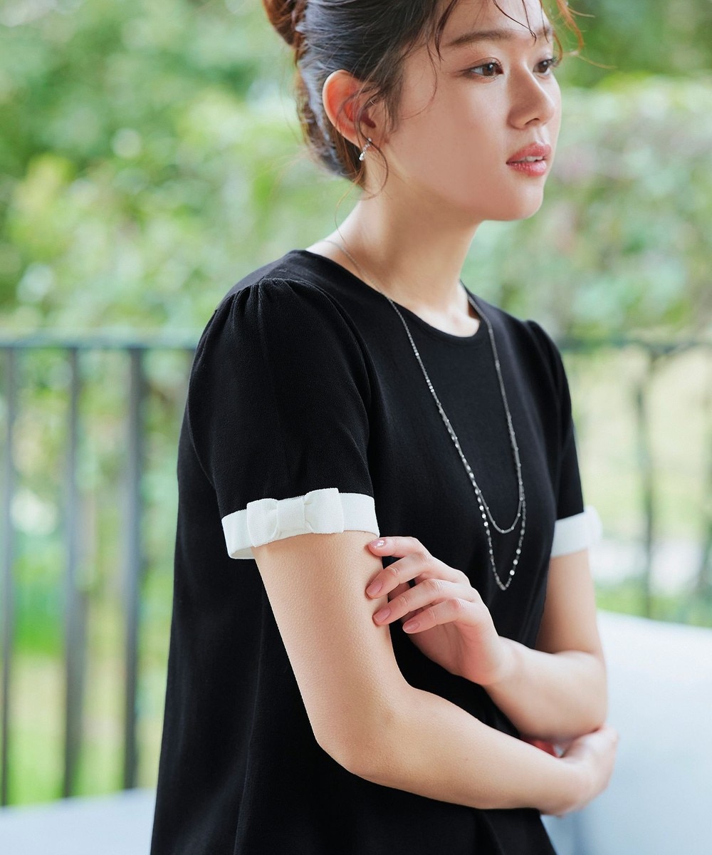 【洗える】リボン袖ニットチュニックブラウス