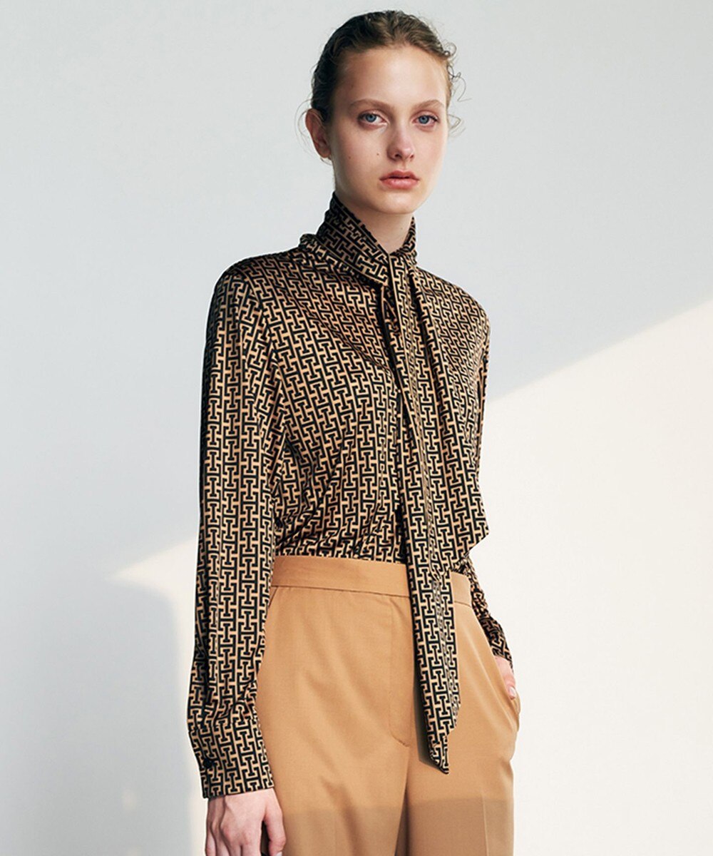 【オンワード】 ICB>トップス 【30th ANNIVERSARY】 モノグラムプリントスムース ボウタイブラウス キャメル×ブラック 2 レディース