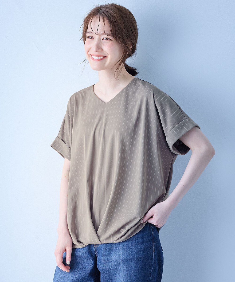 【オンワード】 any FAM>トップス 【洗濯機可】カシュクールTシャツ ベージュストライプ F レディース