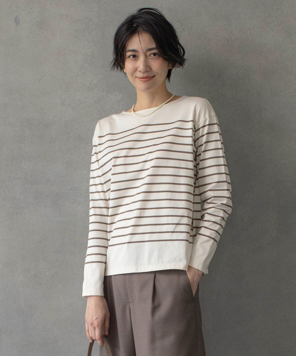 【オンワード】 J.PRESS LADIES L（大きいサイズ）>トップス バスクボーダー カットソー アイボリー×モカ T15 レディース