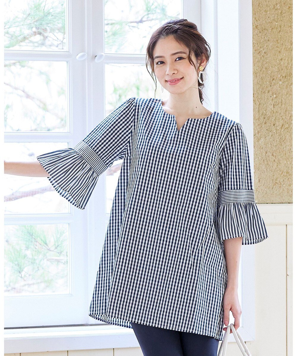 【オンワード】 Tiaclasse>ワンピース 【洗える】3種類の柄を組み合わせたクレージーパターンチュニック ネイビー L レディース 【送料無料】