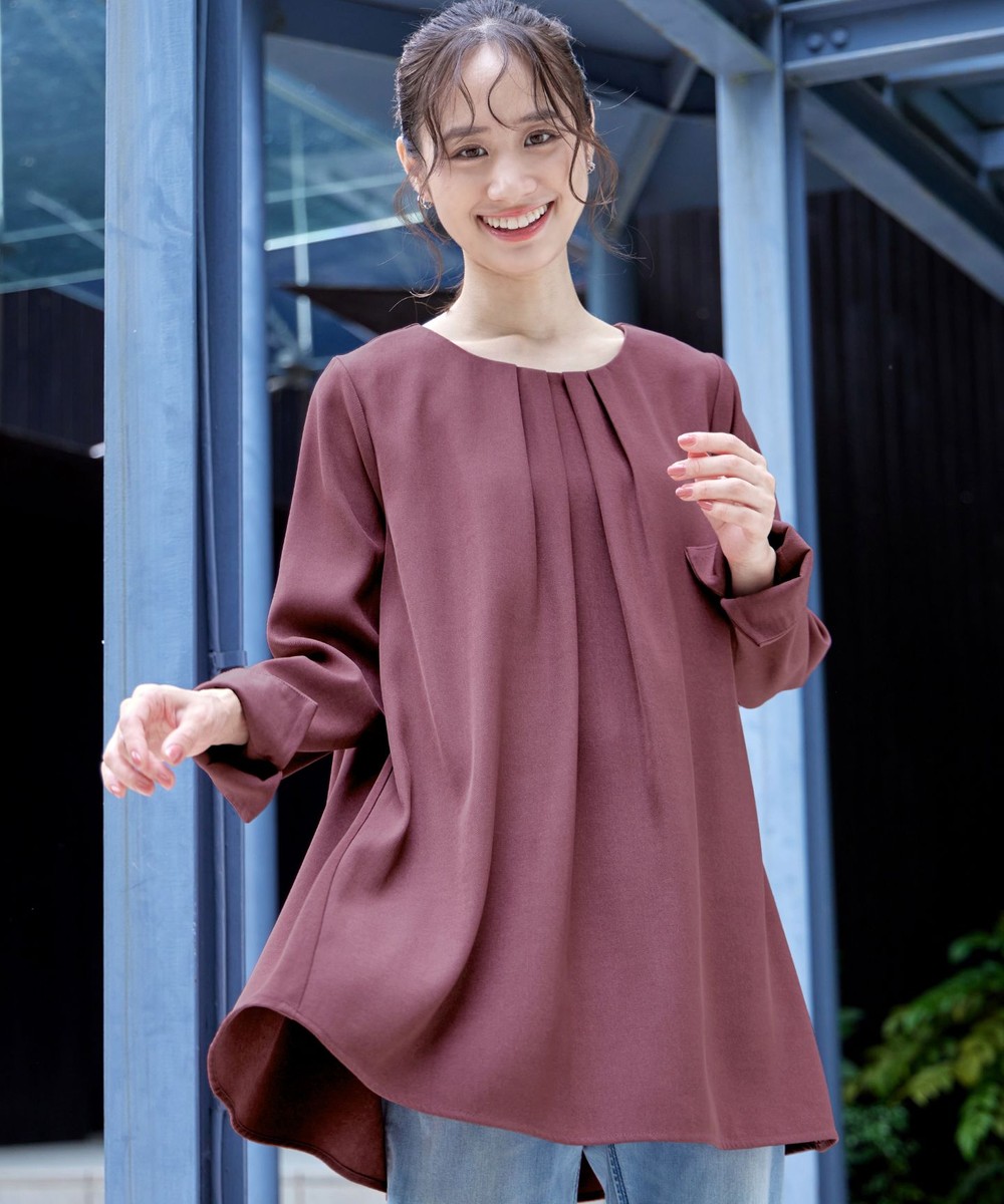 【洗える】フロントタックバックギャザーフレアチュニックブラウス