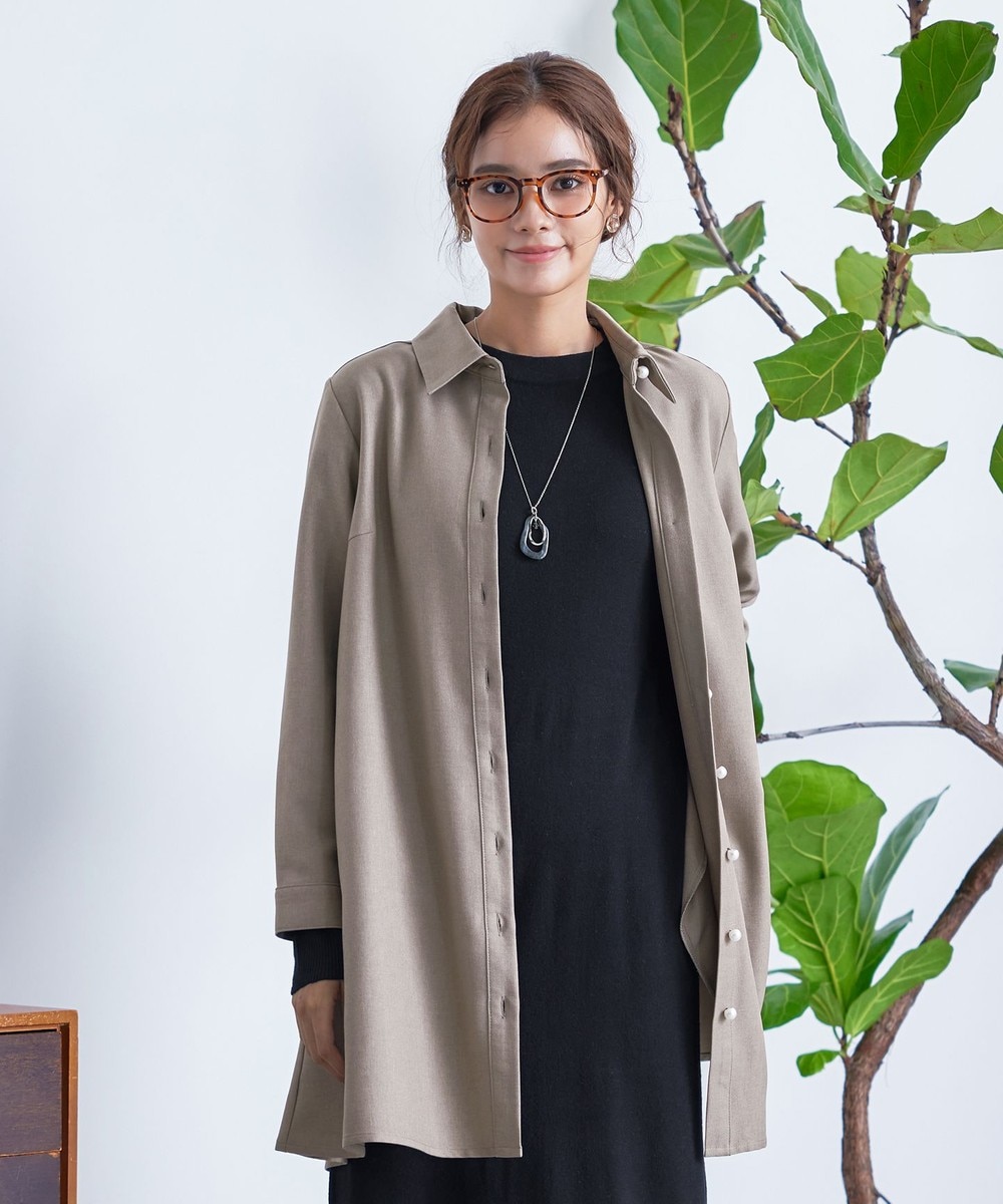 【洗える】ウール調パールボタンシャツチュニックブラウス